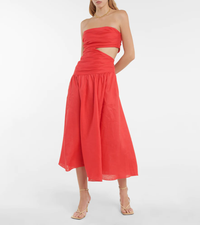 Shop Zimmermann Lyre Strapless Linen Midi Dress In Red