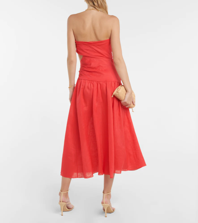Shop Zimmermann Lyre Strapless Linen Midi Dress In Red