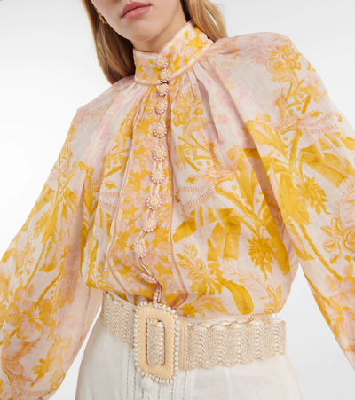 Shop Zimmermann Lyre Billow Printed Ramie Blouse In Yellow Palm