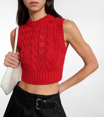 Shop Prada Cropped Cable-knit Cotton Vest In Rosso