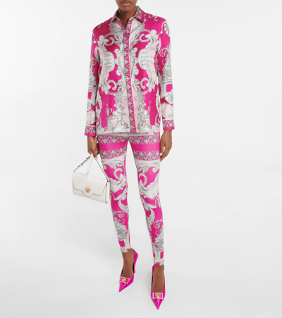 Shop Versace Silver Baroque Print Mid-rise Leggings In Fuxia+english Rose