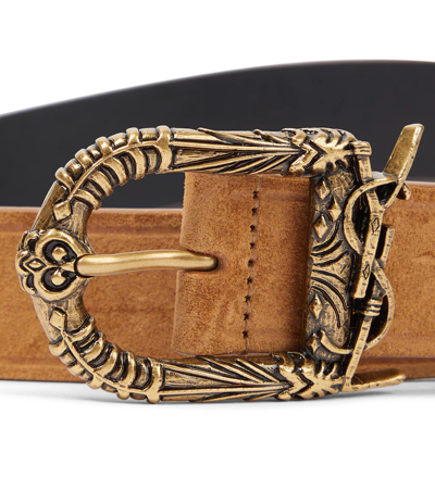 Shop Saint Laurent Celtic Monogram Suede Belt In Naturel