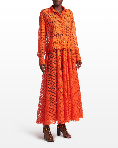 Shop Valentino V Logo Sheer Lace Maxi Skirt In Orange