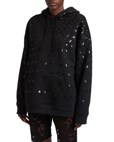 Shop Valentino Sequined V-logo Embroidered Hoodie In Black