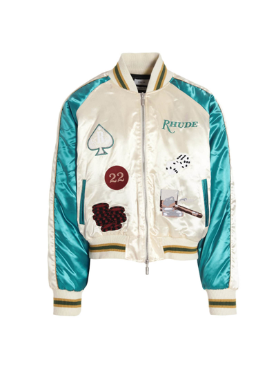 Rhude Cropped Colour-block Logo-embroidered Satin Bomber Jacket In Multicolor