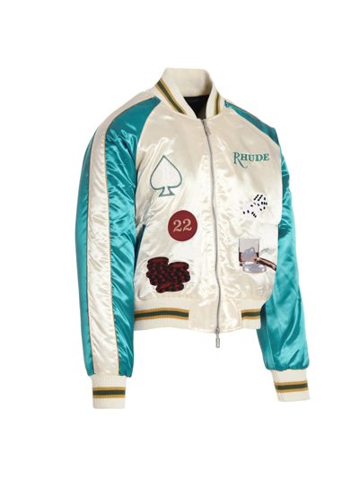 Rhude Cropped Colour-block Logo-embroidered Satin Bomber Jacket In Multicolor
