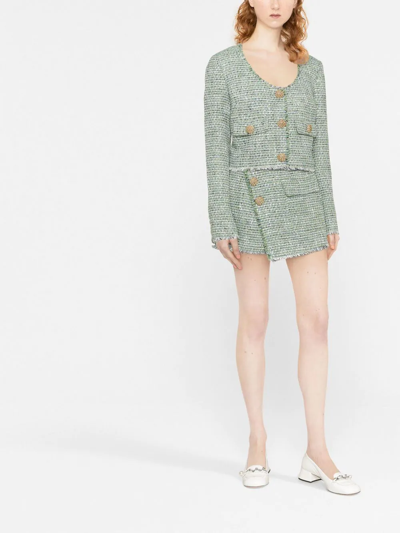 Self-portrait Cropped Button-embellished Metallic Bouclé-tweed Jacket In Grün
