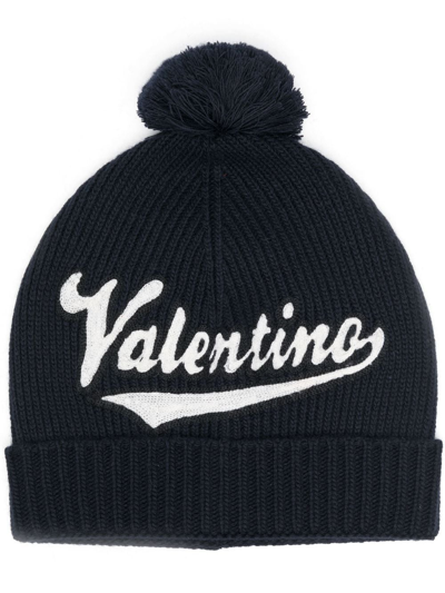 Valentino Embroidered Logo Pompom Beanie In Blau