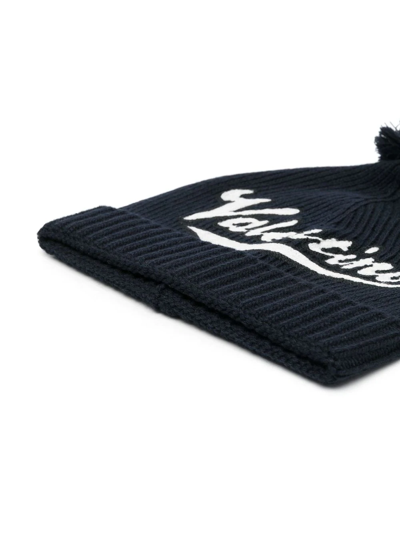 Valentino Embroidered Logo Pompom Beanie In Blau