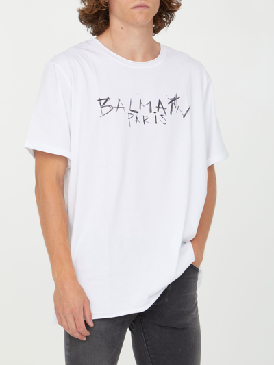 Shop Balmain Graffiti Logo T-shirt In White