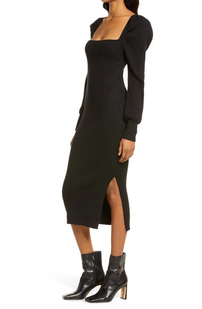 Shop Charles Henry Square Neck Tie Back Puff Long Sleeve Sweater Dress In Black