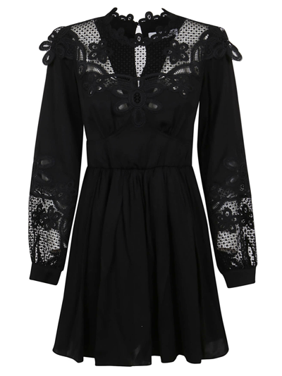 Shop Self-portrait Black Viscose Chemical Lace Bib Mini Dress