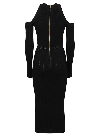 Shop Balmain Ls Off Shoulder Knit Midi Dress In Pa Noir