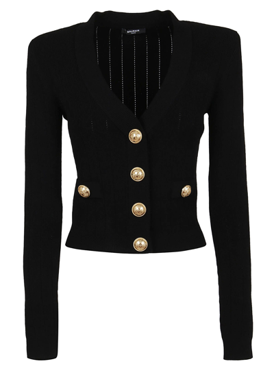 Shop Balmain Buttoned Knit Crop Cardigan In Pa Noir