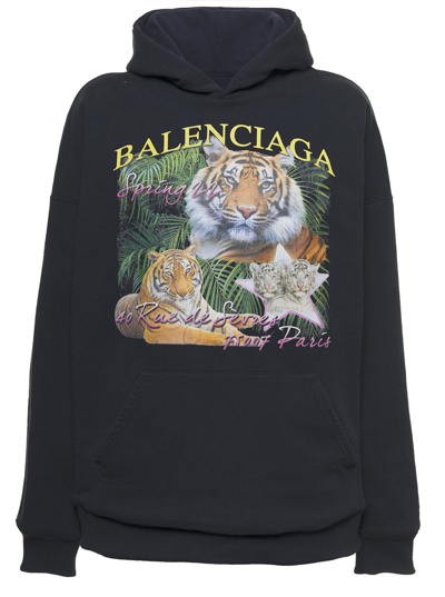 Shop Balenciaga Fbi Year Of Tiger Black Cotton Hoodie In Blu