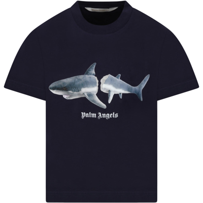 Shop Palm Angels Blue T-shirt For Boy With Shark
