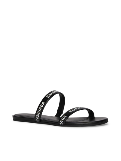Balenciaga Logo Lettering Leather Flat Sandals In Black White