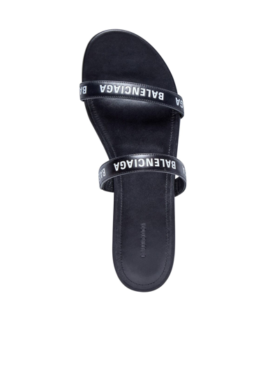 Balenciaga Logo Lettering Leather Flat Sandals In Black White