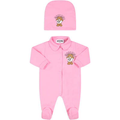 Shop Moschino Fuchsia Set For Baby Girl With Teddy Bear