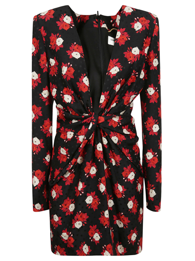 Shop Saint Laurent Floral Twist Detail Dress In Black Rogue