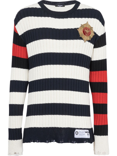 Shop Balmain Striped Pattern Jumper In White