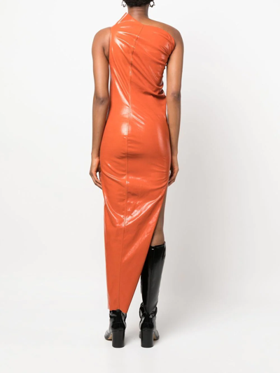 Rick Owens Athena One-shoulder Coated-denim Gown In Orange