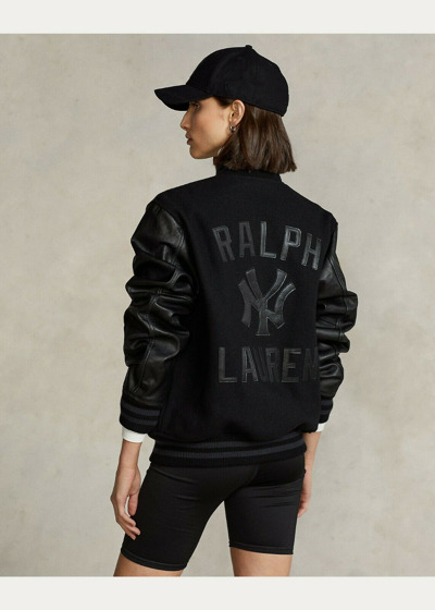 Pre-owned Polo Ralph Lauren Ny Yankees Mlb Black Ed Leather Baseball Bomber Jacket In Lt Ed Black On Black