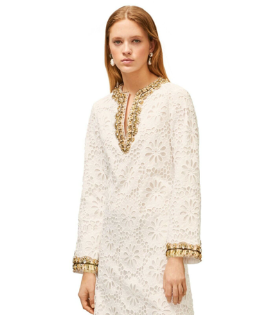 Pre-owned Tory Burch $1398  Crystals Embellished Lace Caftan Dress White Eyelet 4