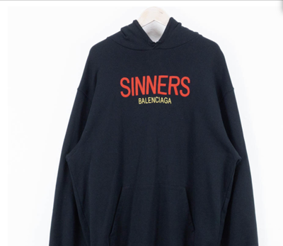 Pre-owned Balenciaga Sinners-embroidered Hooded Cotton Sweatshirt Black Sz Small Oversized