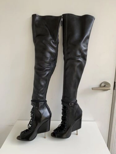 Pre-owned Givenchy Laced Thigh High Runway Boots Over The Knee Otk Nunka 36 Auth $4k In Black