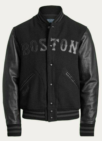 Pre-owned Polo Ralph Lauren Boston Red Sox Mlb Black Ed Leather Baseball Bomber Jacket In Lt Ed Black On Black