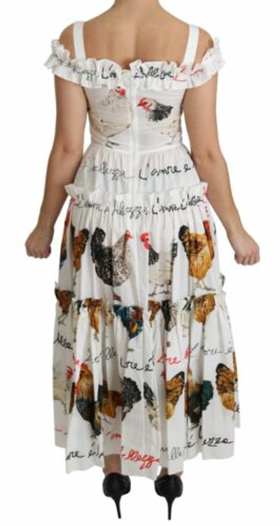 Pre-owned Dolce & Gabbana Dolce&gabbana Women White Dress 100% Cotton Rooster Print Sheath Maxi Bodycon