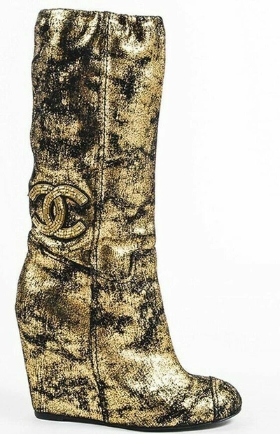 Chanel CC Logo Gold Chain Black Leather knee high Wedge boots 35 5