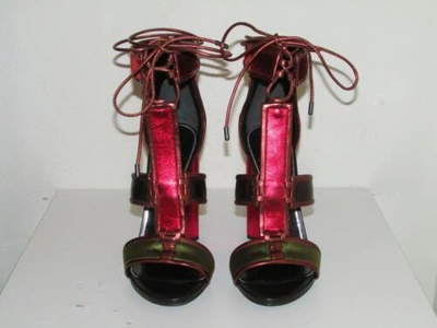 Pre-owned Tom Ford Patchwork Cage Sandals Metallic Velvet Strappy Heels Sz 36.5 Auth In Multicolor