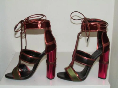 Pre-owned Tom Ford Patchwork Cage Sandals Metallic Velvet Strappy Heels Sz 36.5 Auth In Multicolor
