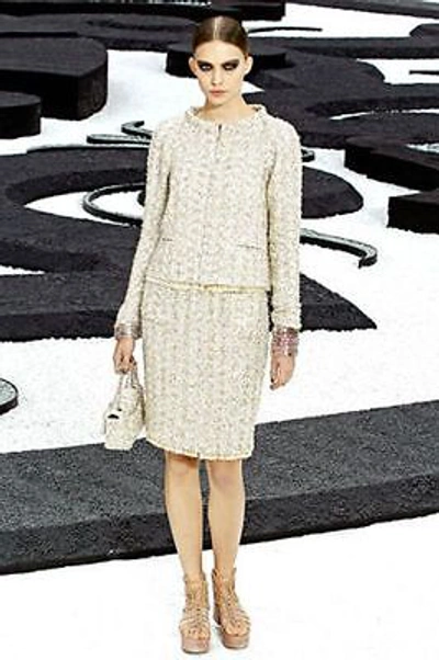 Pre-owned Chanel $5400  Fantasy Tweed Sequins Ostrich Beige Blazer Suit Jacket 44