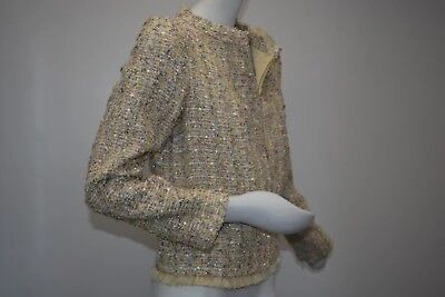 Pre-owned Chanel $5400  Fantasy Tweed Sequins Ostrich Beige Blazer Suit Jacket 44