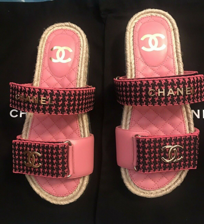 Pre-owned Chanel Dad Sandal Mule Slides With Adjustbale Straps In Black &  Pink