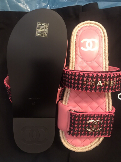 Pre-owned Chanel Dad Sandal Mule Slides With Adjustbale Straps In Black & Pink