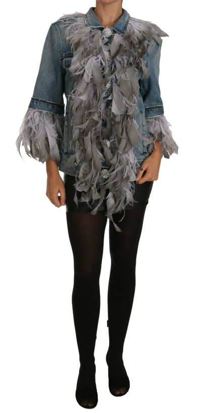 Pre-owned Dolce & Gabbana Denim Jacket Feathers Embellished Buttons It40/ Us6 /s Rrp $4300 In Blue