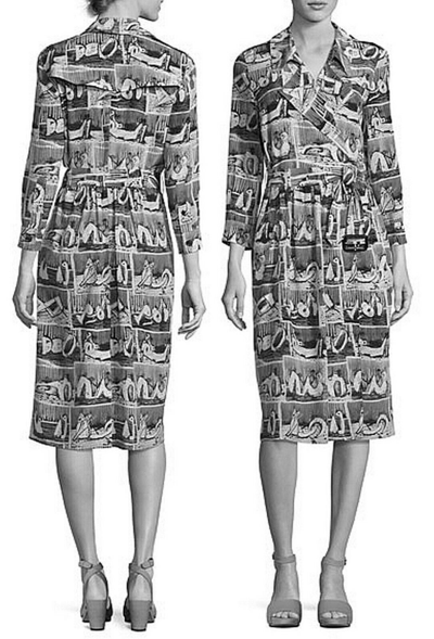 Pre-owned Burberry $1,250  London 6 8 40 Reclining Figures Printed Silk Trench Dress In Blue