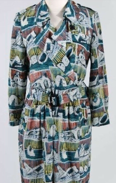 Pre-owned Burberry $1,250  London 6 8 40 Reclining Figures Printed Silk Trench Dress In Blue