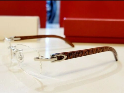 Pre-owned Cartier C Decor Eyeglasses Sunglasses Platinum Tiger Wood Bubinga Vintage N.o.s