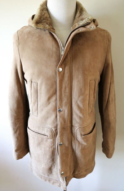 Pre-owned Brunello Cucinelli Long Hooded Shearling Fur Parka Coat Leather Trim Size Medium In Brown