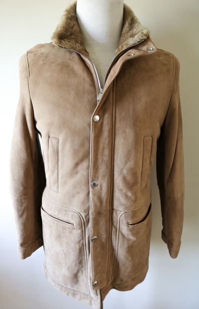 Pre-owned Brunello Cucinelli Long Hooded Shearling Fur Parka Coat Leather Trim Size Medium In Brown