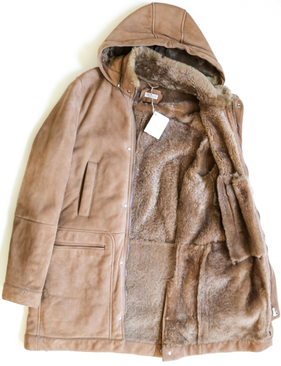 Pre-owned Brunello Cucinelli Long Hooded Shearling Fur Parka Coat Leather Trim Size Medium In Brown