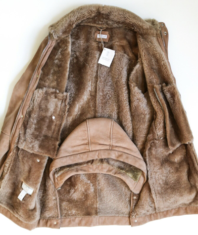 Pre-owned Brunello Cucinelli Long Hooded Shearling Fur Parka Coat Leather Trim Size Medium In Brown