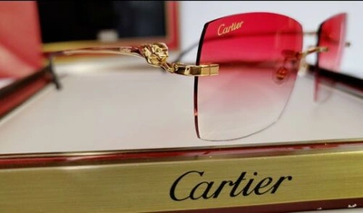 Pre-owned Cartier Panthere Sunglasses 3d 2021 Gold With Cherry Lenses Big C  | ModeSens