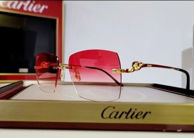 Pre-owned Cartier Panthere Sunglasses 3d 2021 Gold With Cherry Lenses Big C  | ModeSens
