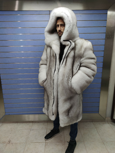 Pre-owned Fox Luxury Full Skin Doublesided "blue"  Fur Mens Coat Real Fur White  Hood